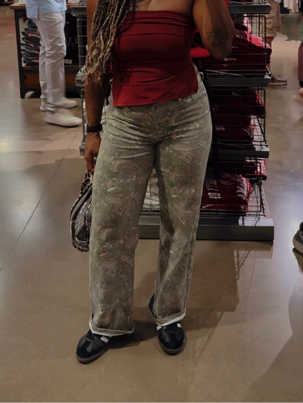 Olive Green Leaf Print Wide Leg Pants